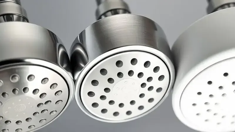 Comparativo de materiais de duchas higiênicas, mostrando em detalhe as diferentes texturas e acabamentos do metal cromado, aço inox e plástico ABS.