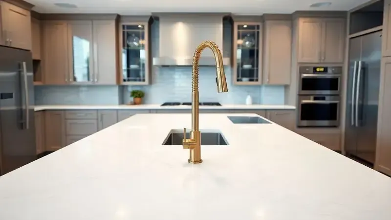 Cozinha gourmet contemporânea com uma torneira Perflex de destaque sobre uma ilha de cozinha, mostrando funcionalidade e estilo no ambiente.