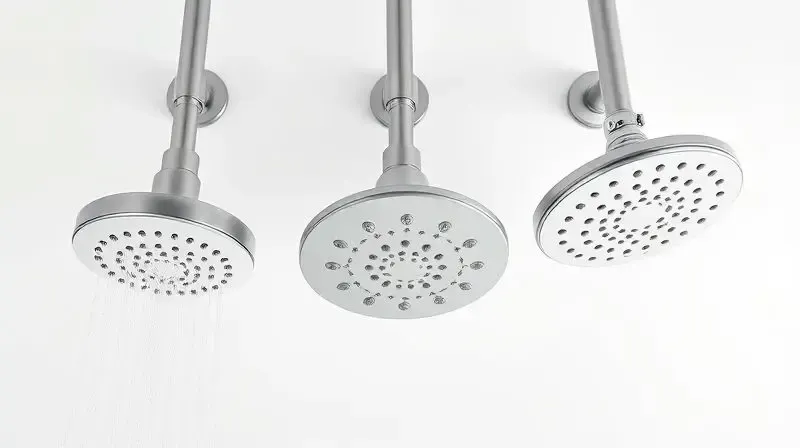 Três modelos diferentes de chuveiros modernos, sem marca, em fundo branco, destacando a variedade de designs FAME.