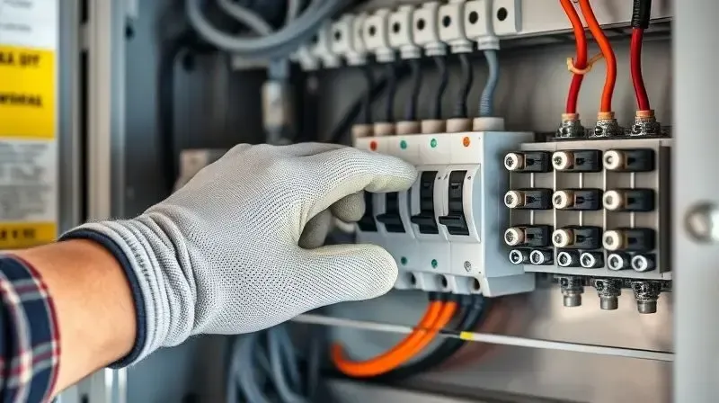 Eletricista profissional usando equipamento de segurança para desligar o disjuntor correto em um quadro de luz antes de consertar um chuveiro.