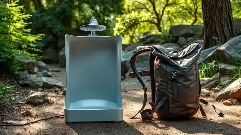 Chuveiro portátil compacto e dobrável ao lado de uma mochila de camping, destacando a portabilidade.