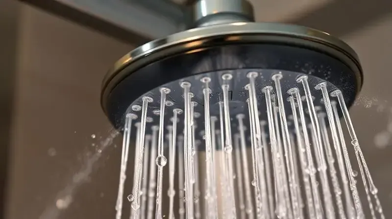 Detalhe de um chuveiro liberando vapor e água quente, ilustrando potência e controle de temperatura.