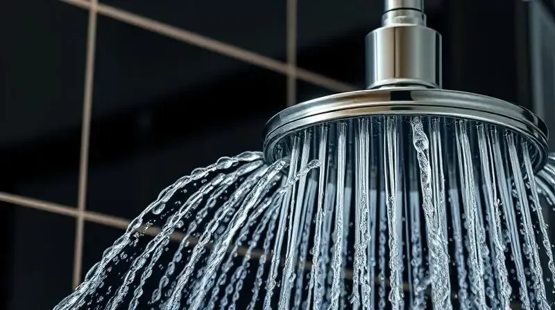 Close-up de um chuveiro com forte pressão de água, demonstrando a importância da vazão para um banho confortável e relaxante.
