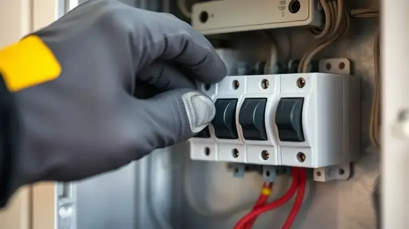 Mão de uma pessoa com luva de segurança desligando o disjuntor em uma caixa de força para garantir a segurança antes de instalar o chuveiro.