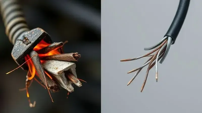 Comparação entre um fio elétrico antigo, queimado e danificado, e um fio novo, indicando a hora certa de trocar a fiação do chuveiro.