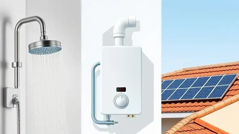 Comparativo visual dos sistemas de aquecimento de água: chuveiro elétrico, aquecedor a gás e painéis de aquecimento solar.
