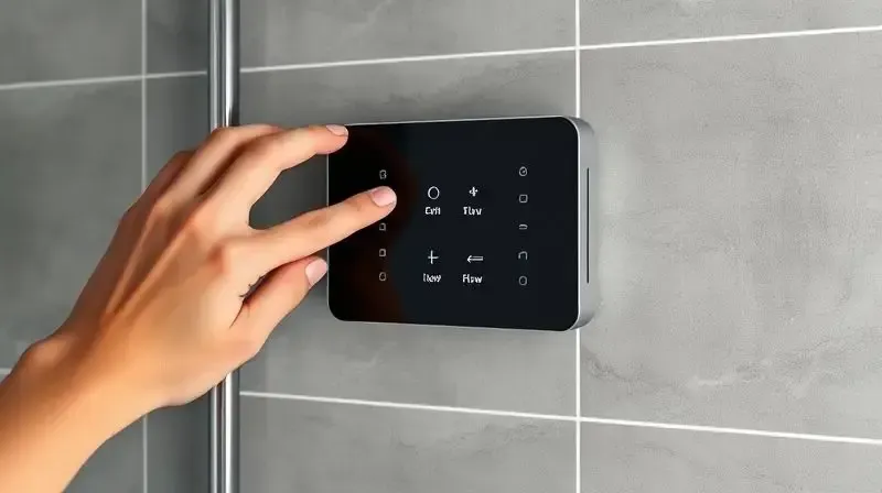 Mão ajustando um painel de controle digital de um chuveiro moderno, ilustrando as funcionalidades e tecnologias extras disponíveis.