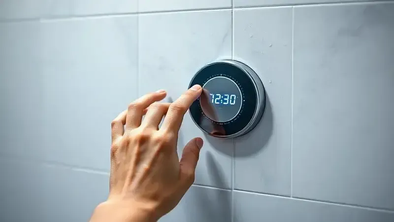 Mão ajustando um controle de temperatura eletrônico e gradual de um chuveiro, demonstrando a tecnologia e o conforto dos modelos Zagonel.