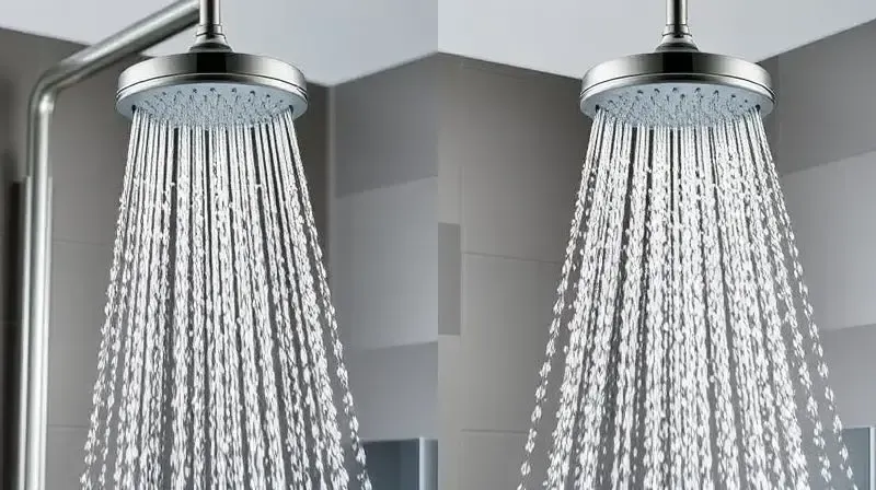 Comparativo visual dos tipos de jato de um chuveiro, mostrando um jato concentrado e um jato espalhado em formato de chuva.