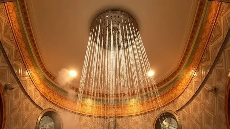 Visão de baixo de um chuveiro de teto, criando um efeito de chuva relaxante que é uma das vantagens do produto.