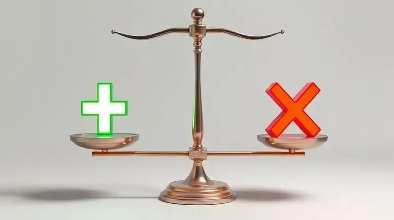 Balança equilibrando símbolos de mais e menos, representando a análise das vantagens e desvantagens da ducha Enerbanho para ajudar na decisão de compra.