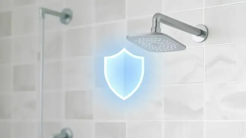 Ilustração conceitual das vantagens da Ducha Blinducha, mostrando um escudo de segurança brilhante na frente de um chuveiro moderno e elegante.