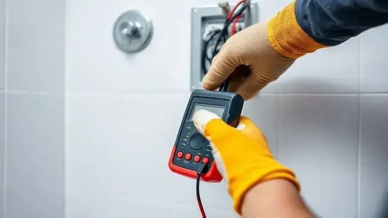 Pessoa realizando a verificação da fiação elétrica de um chuveiro com ferramentas adequadas para garantir a segurança.