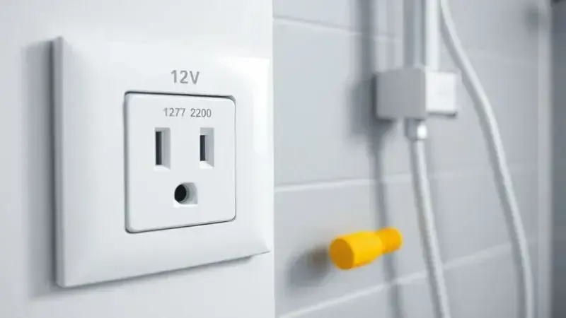 Close-up de uma tomada dupla na parede com etiquetas claras de 127V e 220V, simbolizando a importância de checar a voltagem antes de instalar um chuveiro.